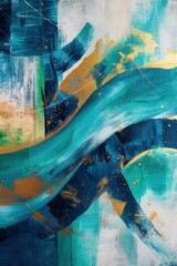 Wall Mural - beautiful vibrant and dynamic abstract artwork feature a harmonious blend of bold colors such as blues, greens, and touches of gold, with fluid, sweeping lines and geometric shapes