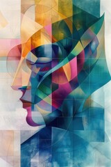 Wall Mural - beautiful vibrant and dynamic abstract artwork of an face feature a harmonious blend of bold colors such as blues, greens, and touches of gold, with fluid, sweeping lines and geometric shapes