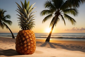 Pineapple and palm tree on tropical beach background. Tropical beach scene at sunset. Summer vacation and healthy food concept