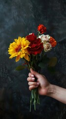 Sticker - A hand holding a bouquet of flowers with a yellow sunflower in the middle