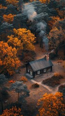 Poster - A small cabin in the woods with smoke coming out of the chimney