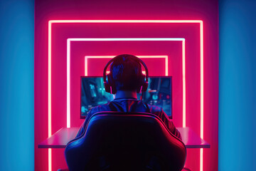 Wall Mural - Rear view of pro gamer with headphones is deeply immersed in his gaming session, surrounded by vibrant pink and blue neon led lights. Cybersport and esports concept. Space for text