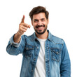 © AI Only - A man wearing jeans over a white t-shirt is smiling and pointing his finger upwards.
