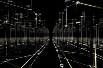 Fototapete - Abstract digital network background with glowing lines and nodes, showcasing a futuristic and interconnected data visualization.