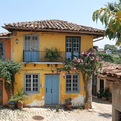 Sticker - A colorful colonial house with a blue door and a balcony with plants