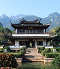 Sticker - Traditional Chinese Architecture with Mountain View