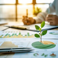 Poster - A plant growing on financial documents, symbolizing growth and sustainability in business with charts and graphs in the background.