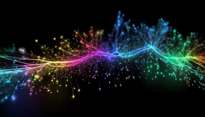 Fototapete - Vivid abstract rainbow-colored digital wave and light particles on a black background, representing energy, technology, and data flow.