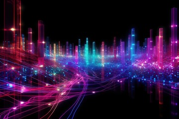 Aufkleber - Vibrant digital cityscape with neon lights, abstract urban scene with colorful light trails and futuristic city elements against a dark background.