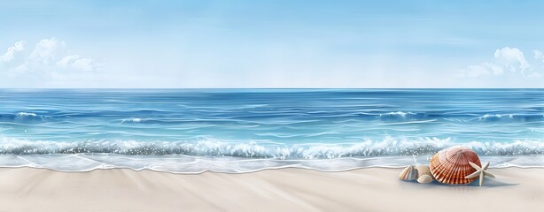 Wall Mural - Design a basic watercolor illustration of a serene beach scene, featuring blue waves, sandy shore, and a clear sky. copy space for text, focus cover all aspects, deep depth of field, no dust