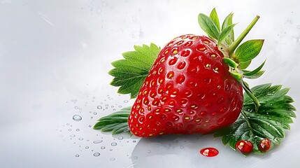 Poster - Create a basic watercolor image of a ripe strawberry with vivid red color and green leaves, highlighting its texture. copy space for text, focus cover all aspects, deep depth of field, no dust