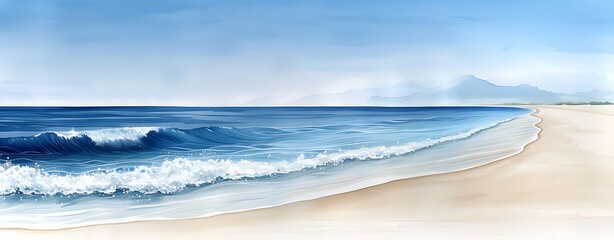 Wall Mural - design a basic watercolor illustration of a serene beach scene, featuring blue waves, sandy shore, a