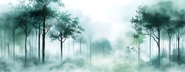 Wall Mural - Design a basic watercolor illustration of a tranquil forest scene, with tall trees, soft sunlight, and green foliage. copy space for text, focus cover all aspects, deep depth of field, no dust