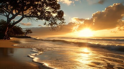 Poster - Golden Sunset Over Ocean Waves