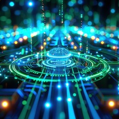 Fototapete - Futuristic digital technology interface with glowing lights and circuits, representing data networks and cyber connectivity.