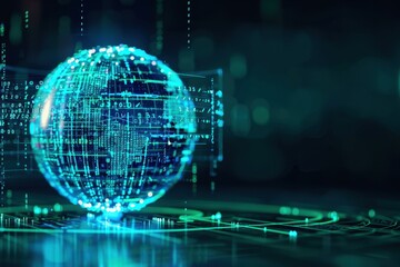 Fototapete - Futuristic digital globe with blue lines and data connections on dark background, representing technology and global networking.