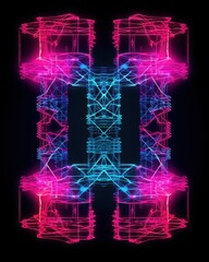 Fototapete - Futuristic abstract neon light design in pink and blue hues, forming a symmetrical pattern on a dark background.