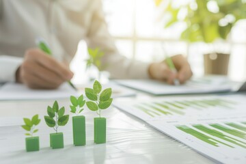 Poster - Business professionals analyzing growth data and charts with green plant graphs representing sustainable development and eco-friendly progress.
