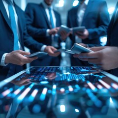 Leinwandbilder - Business professionals analyzing data on digital devices in a modern office setting with focus on a glowing digital screen displaying charts.