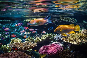 An underwater world where coral reefs glow like neon signs and fish are transparent