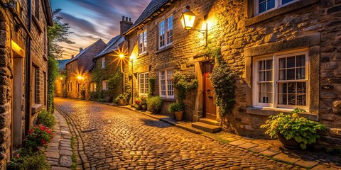 Poster - Warm glow spills from village cottage windows onto cobblestone streets, cottage, quaint, village, lamplight, glow, windows