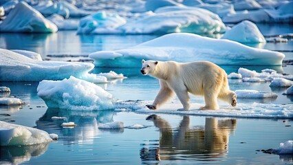 Sticker - Polar bear gracefully navigating icy waters surrounded by floating icebergs in the Arctic , Arctic, polar bear, ice, water, iceberg