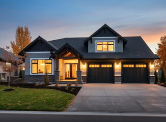 A Modern Suburban Home Bathed in Golden Light at Dusk