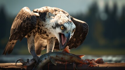 Wall Mural - Osprey with fish. Bird catch the fish. Bird of prey Osprey, Pandion haliaetus, feeding catch fish