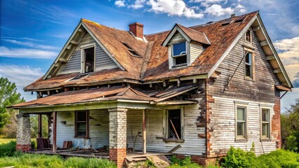 Poster - Stock photo of a house with a deteriorating roof in need of renovation , old, damaged, weathered, home