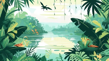 Poster - A Tranquil Jungle Scene with Birds and a River