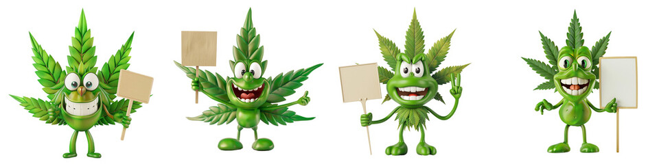 Wall Mural - Set of A joyful 3D render of a cannabis leaf character holding a sign on a transparent background