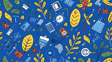 Poster - Seamless Pattern of Hand-Drawn Blue and Yellow Elements