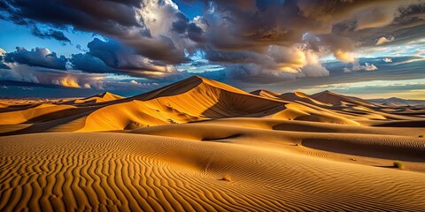 Wall Mural - Sand dunes in the desert with dramatic lighting and shadows, sand, dunes, desert, landscape, nature, arid, terrain, dry, sunlight