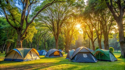 Poster - Tents set up in a grassy area surrounded by big trees, outdoors, camping, nature, vacation, adventure, tent, trees