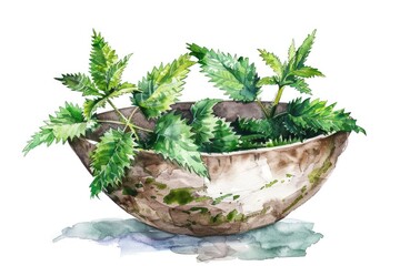 Sticker - Fresh Nettle Herb Watercolor Illustration in a Rustic Bowl. Healthy Ingredient for Vegan Soup and Herbal Medicine