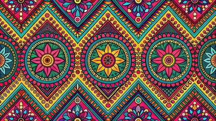 Sticker - Vibrant ethnic and tribal motif seamless pattern with colored shapes, lines and bright colors in bohemian style, ethnic, tribal