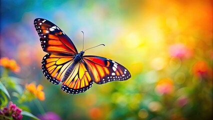 Sticker - Vibrant butterfly in flight on background , butterfly, blue, yellow, orange, colorful, wings, beauty, flying, insect