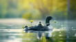 © Prasanth - Adult loon caring for its baby chick in a serene lake setting with space for text or graphics. Copy space image. Place for adding text and design