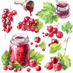 Canvas Print - Hand-drawn Red Currant Harvest. Watercolor Illustration Set with Fresh Berries, Jam, and Juice