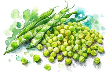 Poster - Hand-drawn Watercolor Illustration of Fresh Green Sprouted Beans and Raw Mung Seeds, Healthy Vegetarian Ingredient