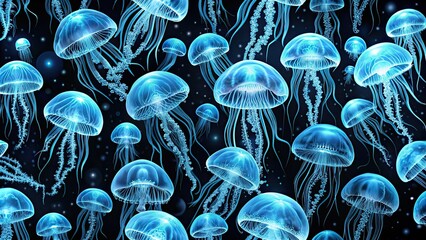 Sticker - Seamless pattern of bioluminiscent blue jellyfish deep underwater, underwater, marine life, nature, ocean, creatures