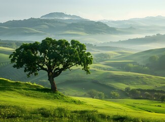 Wall Mural - A solitary tree stands amidst rolling green hills