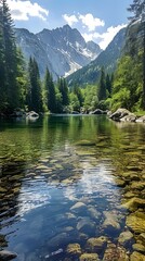 Sticker - crystal clear mountain lake surrounded by green trees and mountains