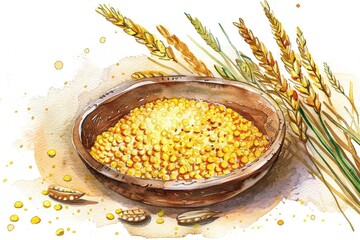 Poster - Hand-drawn Watercolor Millet Grain on White Background. Healthy Ingredient for Vegetarian Meal