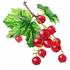 Poster - Hand-drawn Watercolor Red Currant Berries on White Background, Fresh and Juicy Summer Fruit