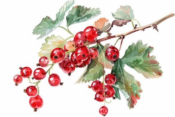 Sticker - Hand-drawn Watercolor Red Currant Branch, Isolated on White Background