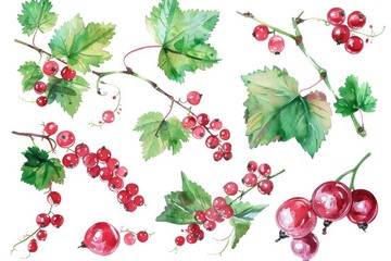 Canvas Print - Hand-Drawn Watercolor Red Currant Branch Set with Fresh Ripe Berries and Green Leaves on White Background