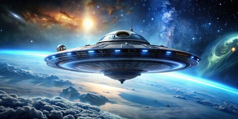 Poster - of a futuristic alien spacecraft flying in outer space, alien, spacecraft, sci-fi, futuristic, technology