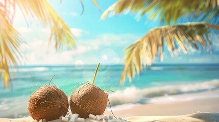 Wall Mural - Two coconuts on a sandy beach with palm trees and ocean in the background.