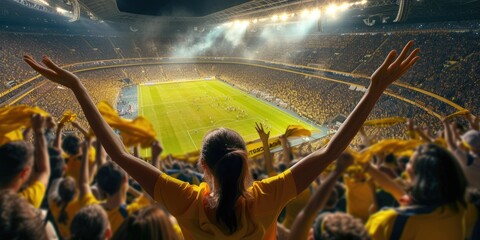 Wall Mural - A fan wearing a yellow jersey exhibits a gesture of joy and excitement in a world stadium, enjoying leisure and fun while watching a team sport ball game. AIG41